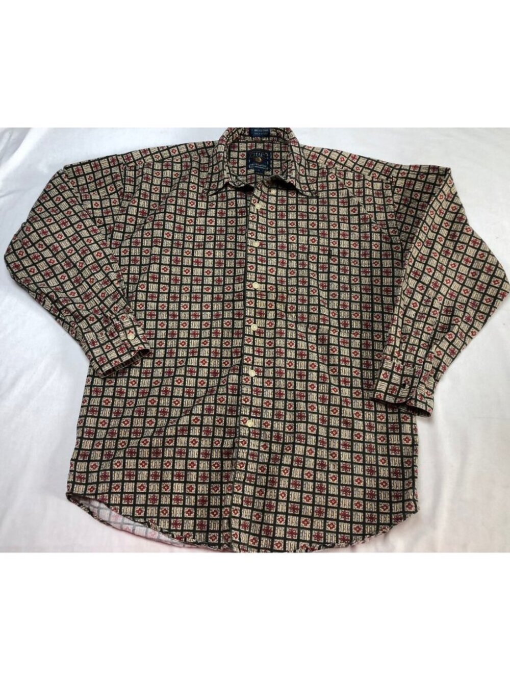 Chaps Ralph Lauren Shirt Collared Button Geometric Floral Green Red Medium 90's